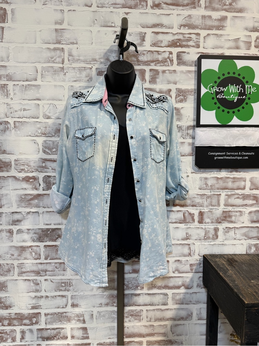 Roar Light Wash Denim snap-Up Shirt with Black Embroidery